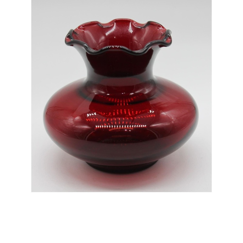 Vtg Anchor Hocking Ruby Red Ruffled Top Glass Bulb Vase